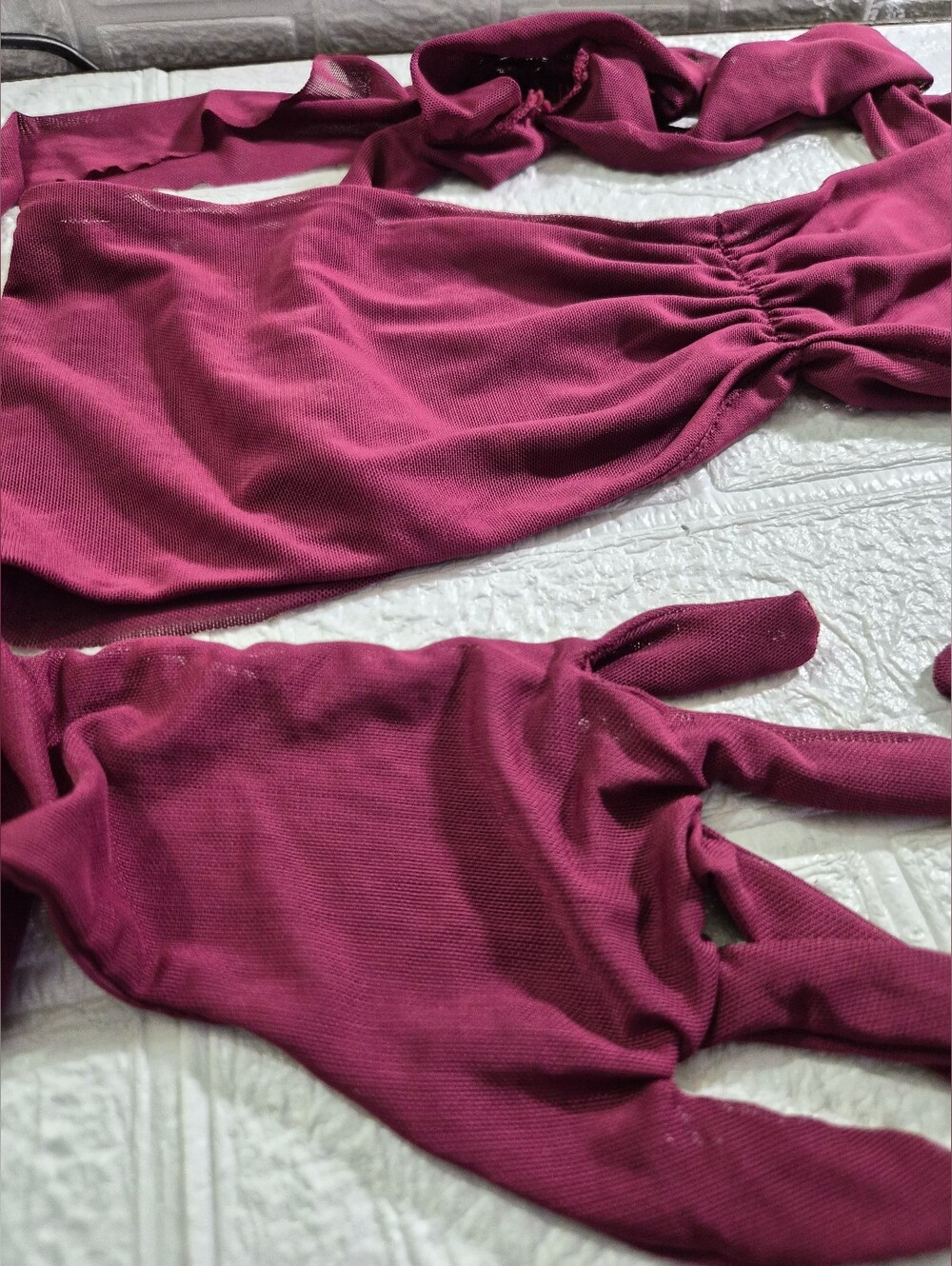 Festival Sheer Ruched Mesh Wrap Around Top Attached Gloves Dolls Kill raspberr M - Picture 2 of 7